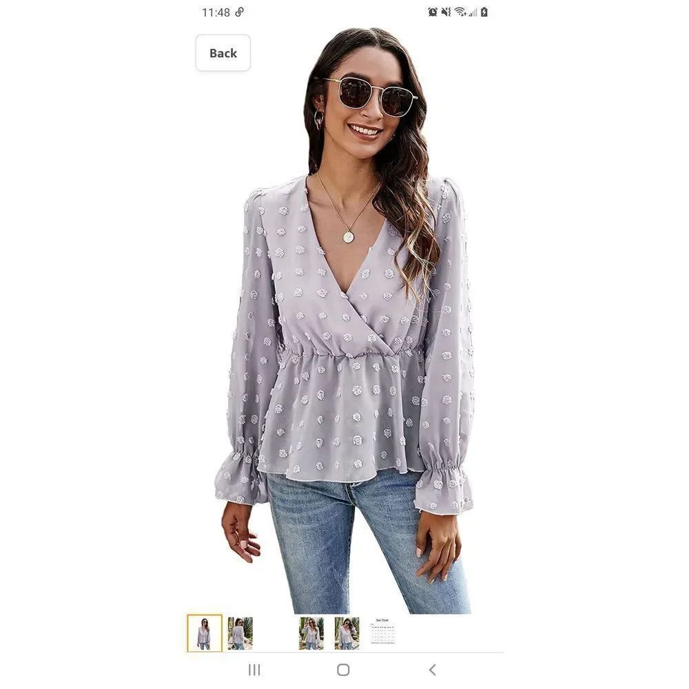 New Small Mauve Purple Long Flounce Sleeve V-Neck Ruffle Hem Blouse Top